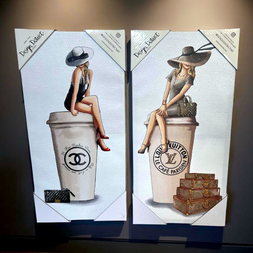 Design District Studio NWT Set of 2 Canvas Prints Retro Women on Coffee Cups